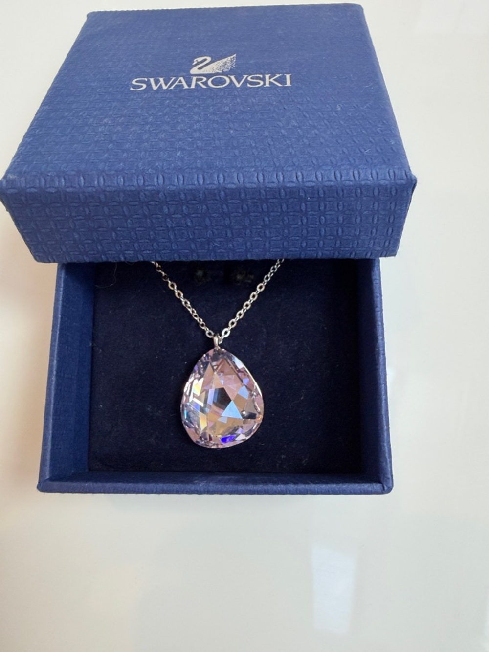 Swarovski Pink Crystal Teardrop Pendant Necklace NWT w/ Box -Silver Tone